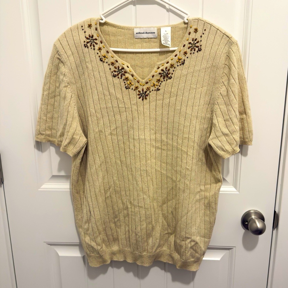 Alfred Dunner Womens Beige Knit Beaded V-Neck Short Sleeve Pullover Sweater L